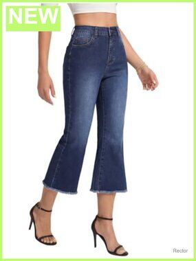 High Waisted Cropped Kick Flare Jeans Raw Frayed Hem Stretch Denim